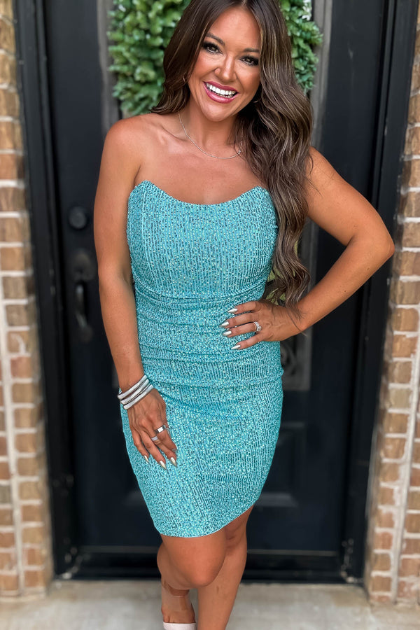 Sequin Ocean Blue Bodycon Zippered Tube Dress