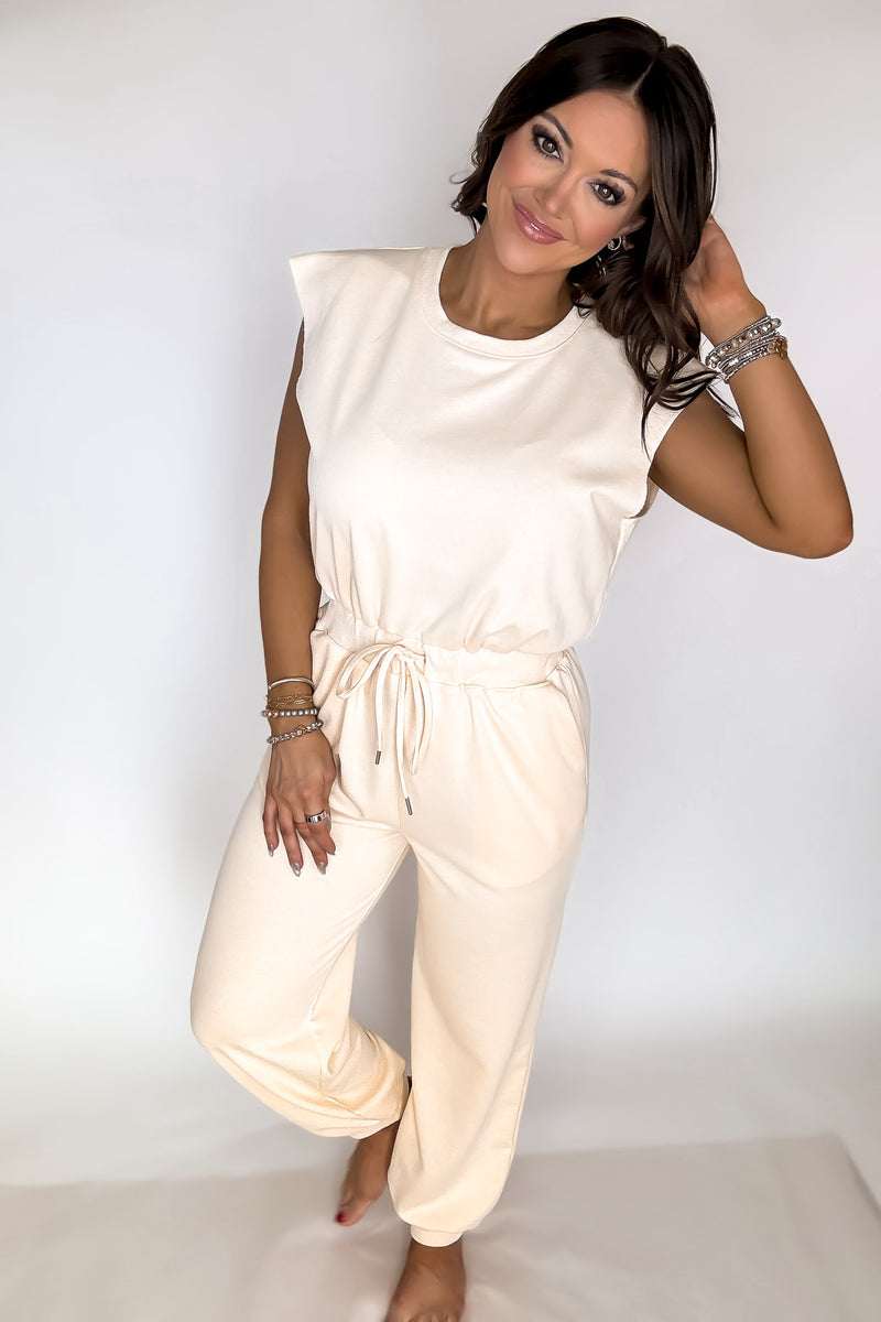 Cream Round Neck Muscle Tee Jumpsuits