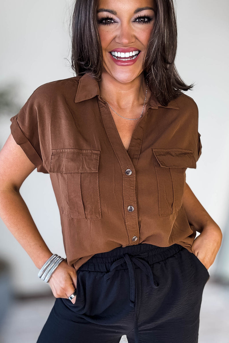 Tencel Dark Camel V-Neck Collared Top