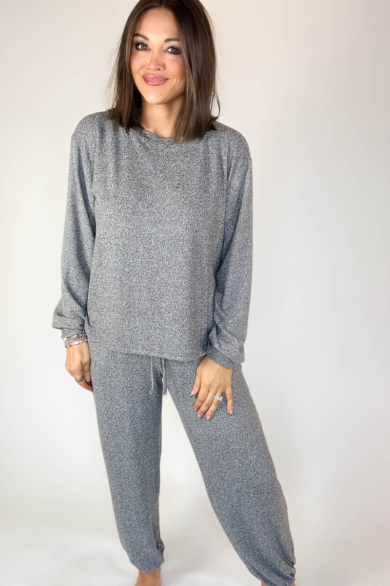 Soft Black Melange Hacci Long Slv Top & Joggers Set