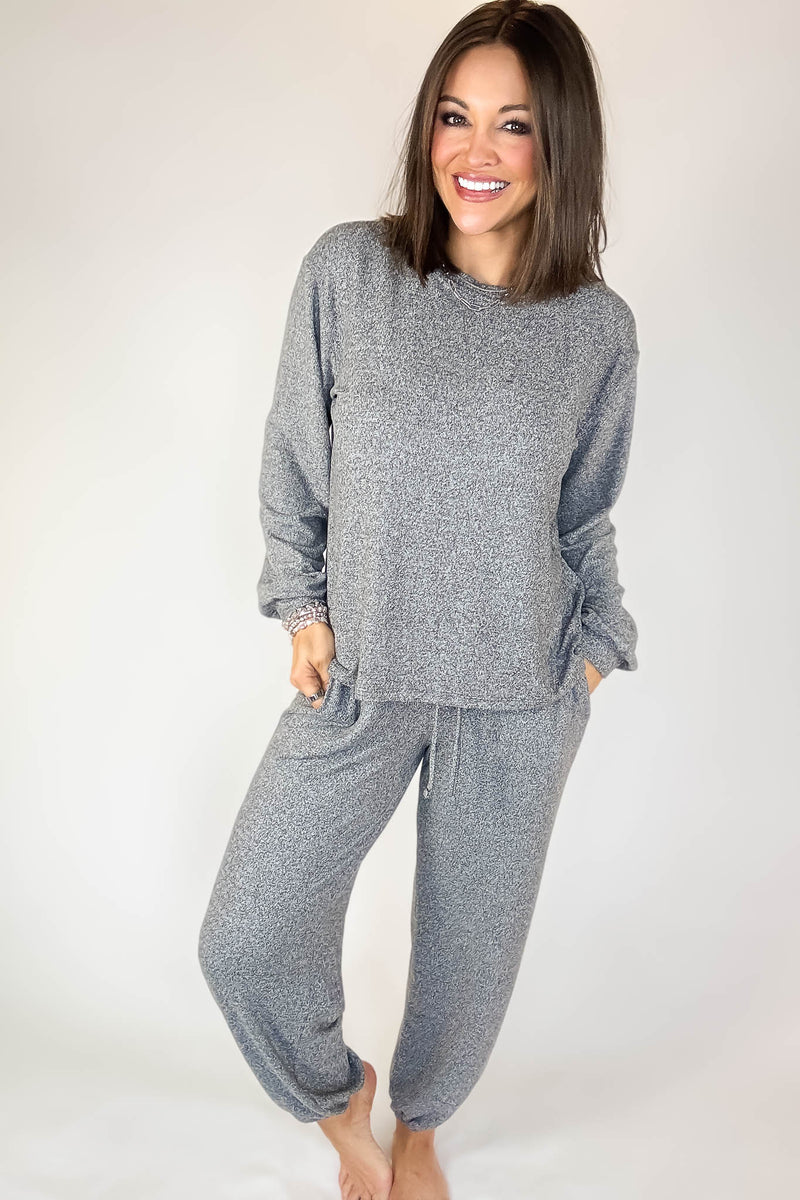 Soft Black Melange Hacci Long Slv Top & Joggers Set