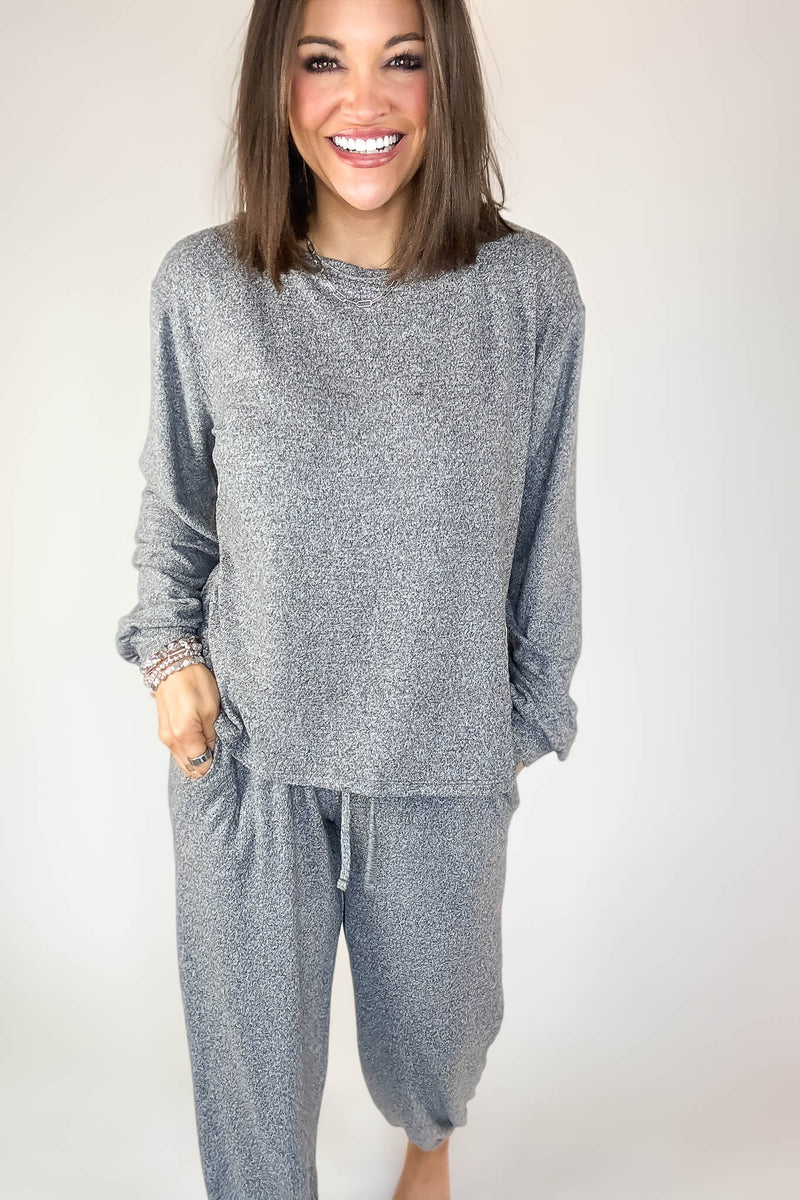 Soft Black Melange Hacci Long Slv Top & Joggers Set