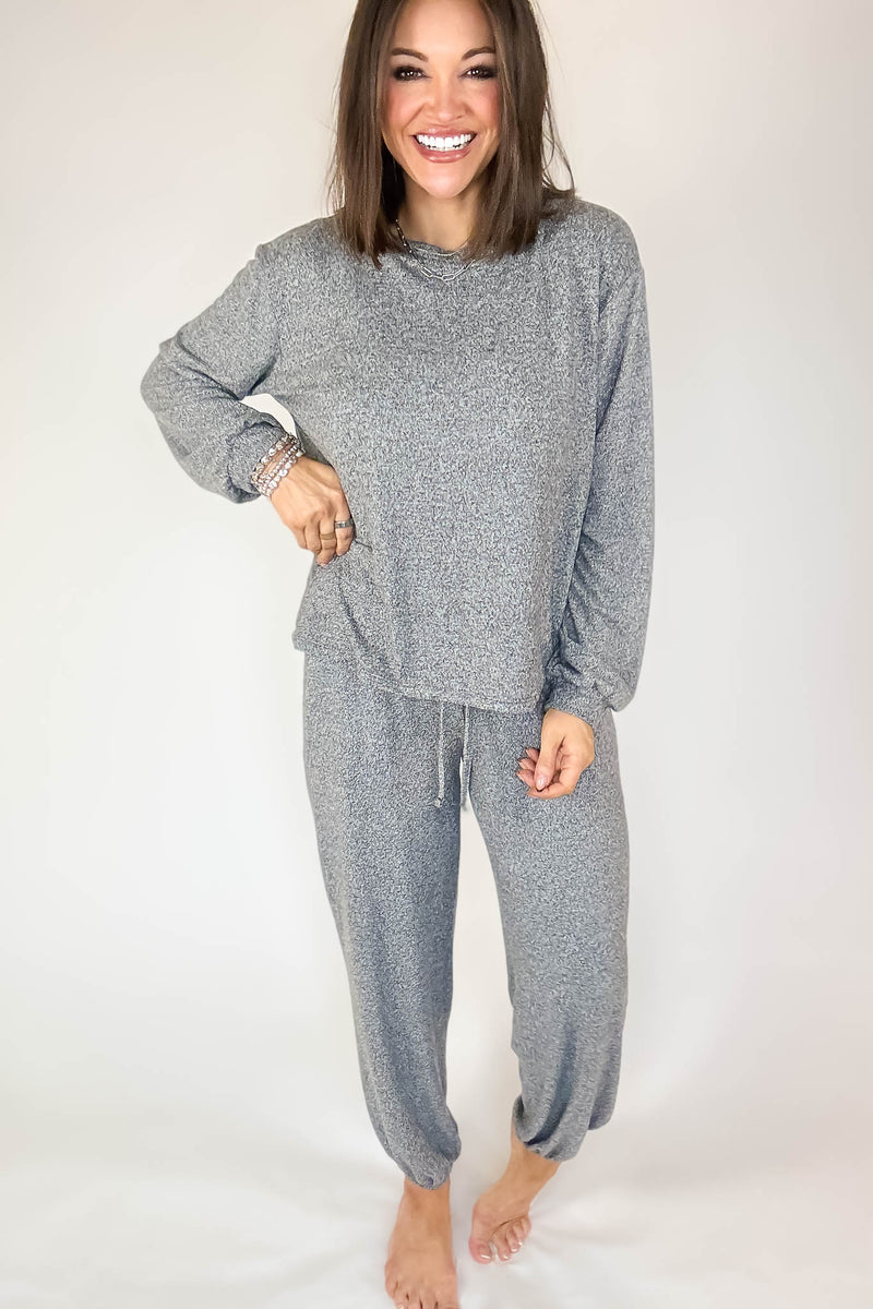 Soft Black Melange Hacci Long Slv Top & Joggers Set