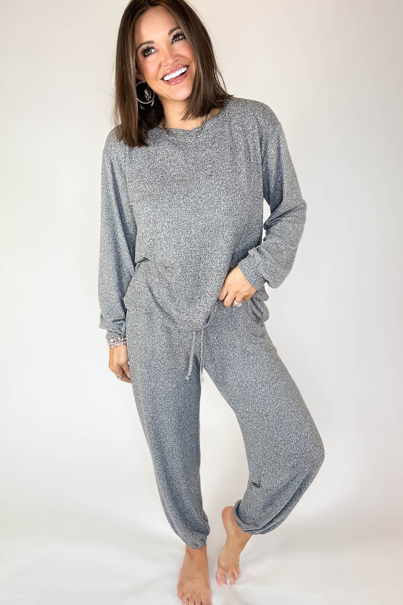 Soft Black Melange Hacci Long Slv Top & Joggers Set