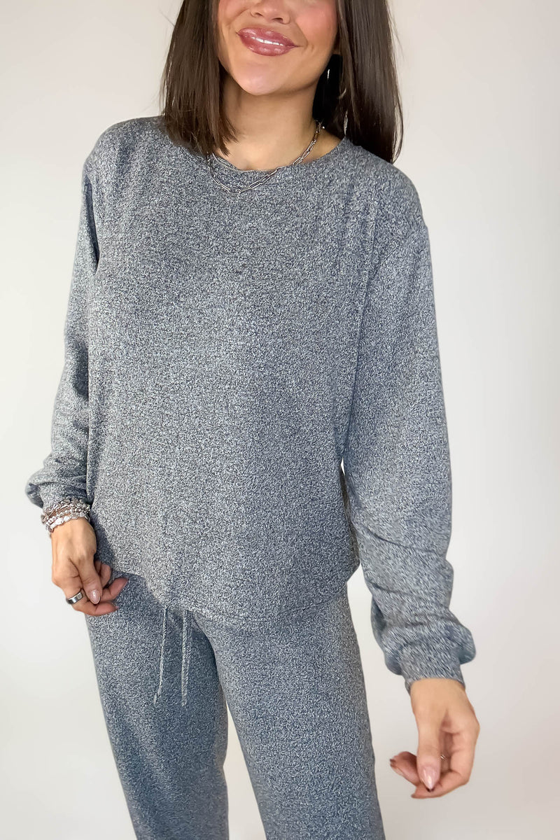 Soft Black Melange Hacci Long Slv Top & Joggers Set