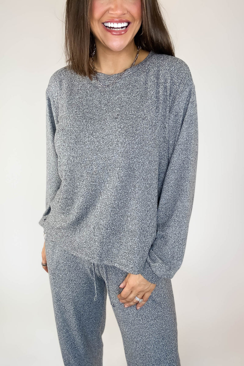 Soft Black Melange Hacci Long Slv Top & Joggers Set