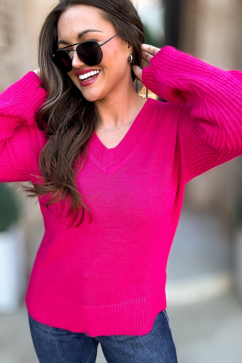Per Usual Magenta Back & Sleeves Textured Knit Sweater Top