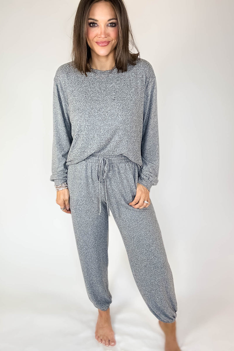 Soft Black Melange Hacci Long Slv Top & Joggers Set