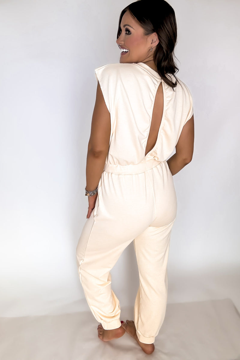 Cream Round Neck Muscle Tee Jumpsuits
