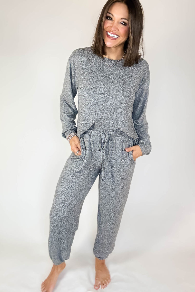 Soft Black Melange Hacci Long Slv Top & Joggers Set