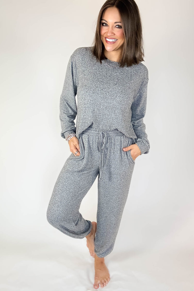 Soft Black Melange Hacci Long Slv Top & Joggers Set