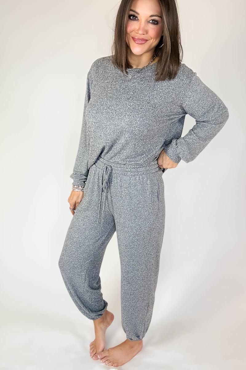 Soft Black Melange Hacci Long Slv Top & Joggers Set