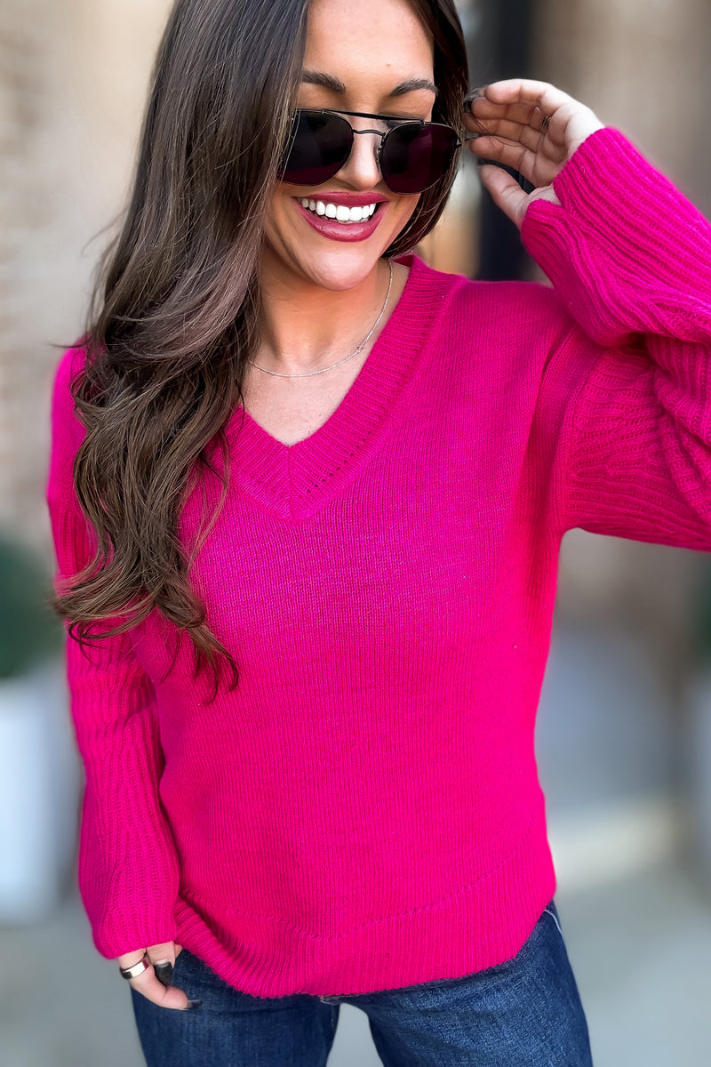 Per Usual Magenta Back & Sleeves Textured Knit Sweater Top