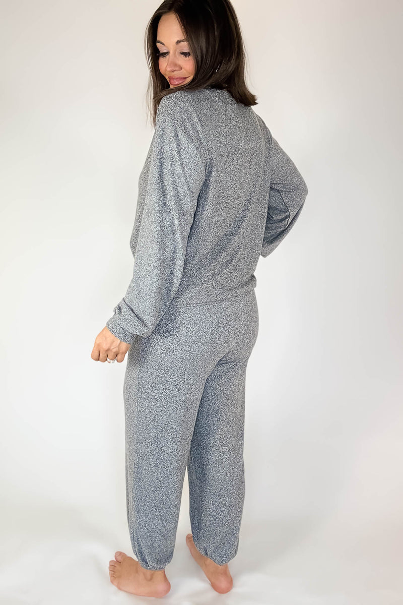 Soft Black Melange Hacci Long Slv Top & Joggers Set