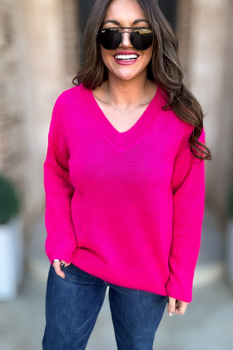Per Usual Magenta Back & Sleeves Textured Knit Sweater Top