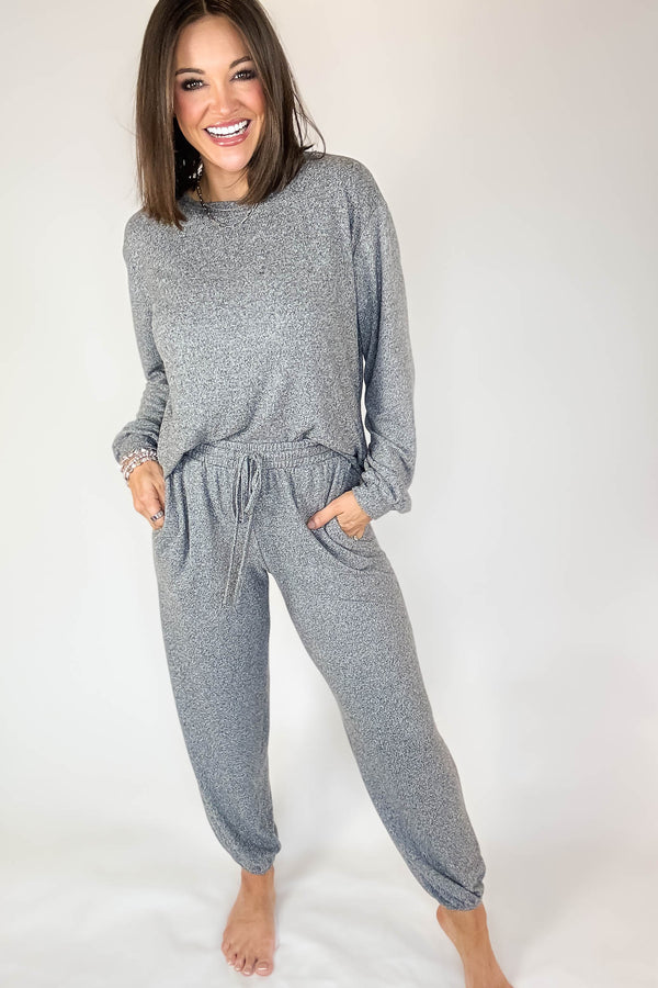 Soft Black Melange Hacci Long Slv Top & Joggers Set