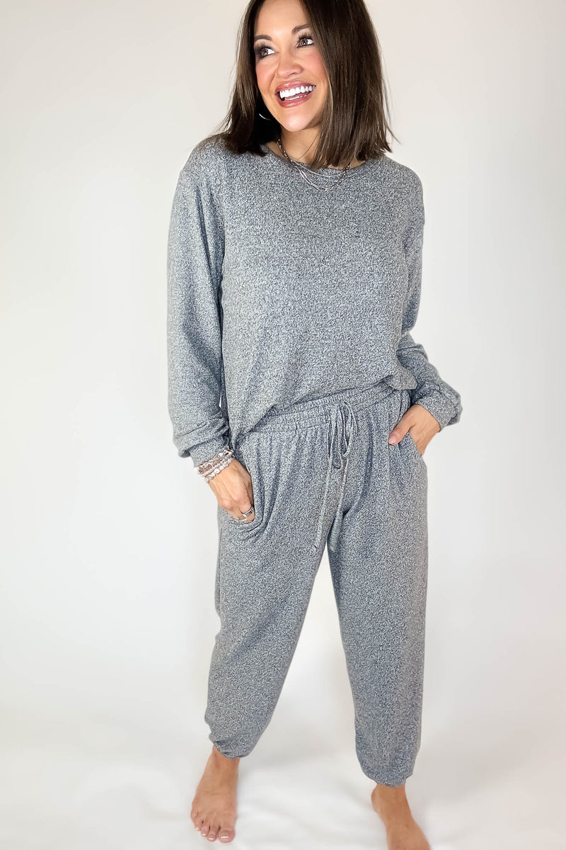 Soft Black Melange Hacci Long Slv Top & Joggers Set