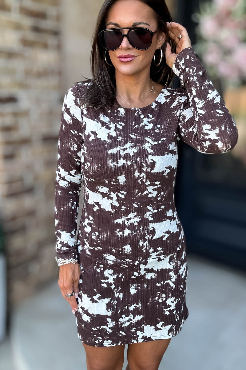 Le Lis White And Brown Animal Print Boat Neck Low Waist Knit Dress