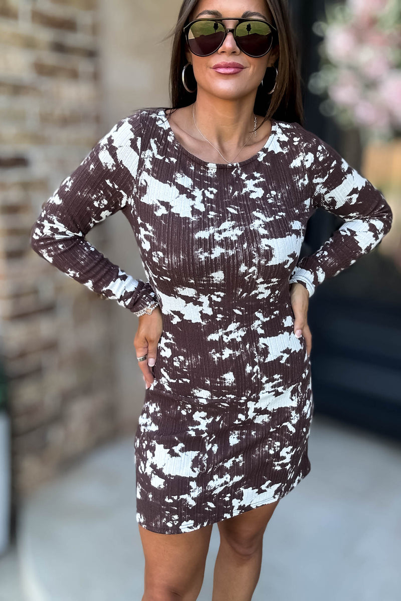 Le Lis White And Brown Animal Print Boat Neck Low Waist Knit Dress
