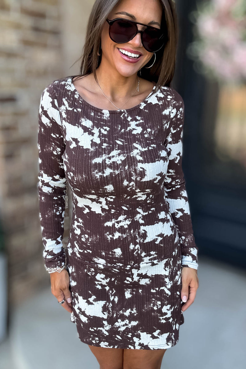 Le Lis White And Brown Animal Print Boat Neck Low Waist Knit Dress