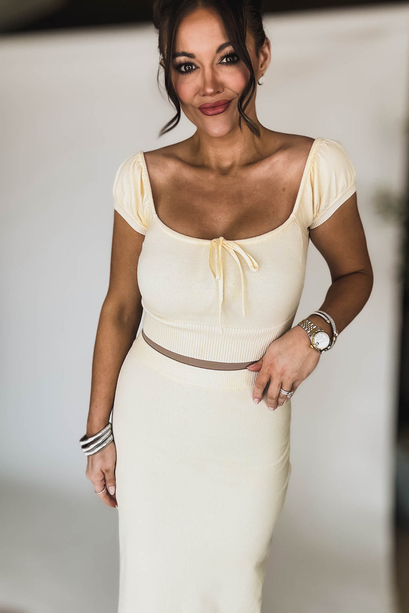 Cream Short Sleeve Sweater Top and Skirt Set