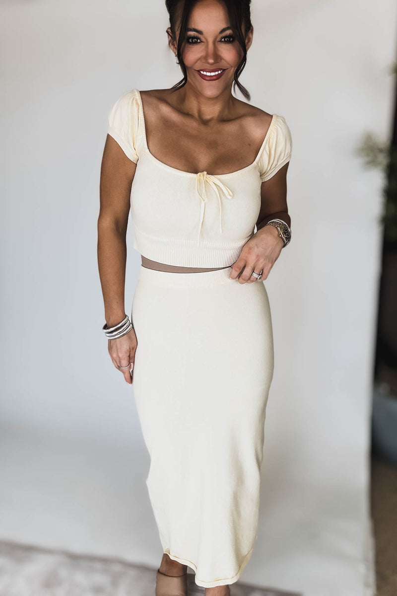 Cream Short Sleeve Sweater Top and Skirt Set