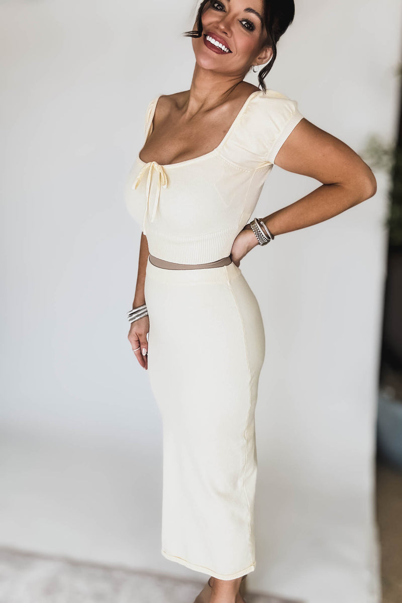 Cream Short Sleeve Sweater Top and Skirt Set
