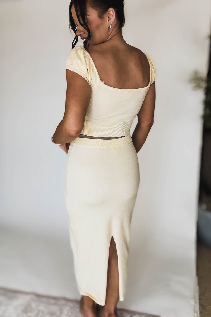 Cream Short Sleeve Sweater Top and Skirt Set