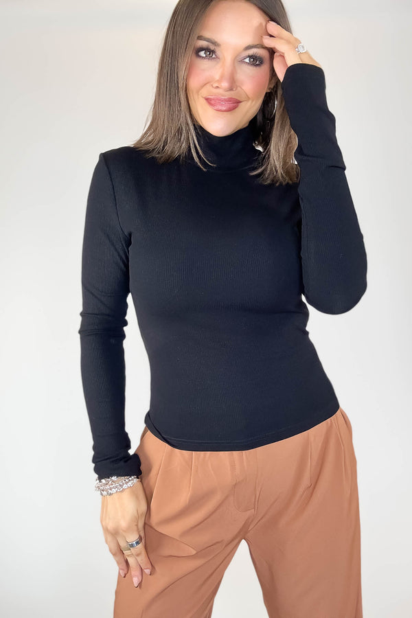 Micro Black Ribbed Long Sleeve Turtleneck Top