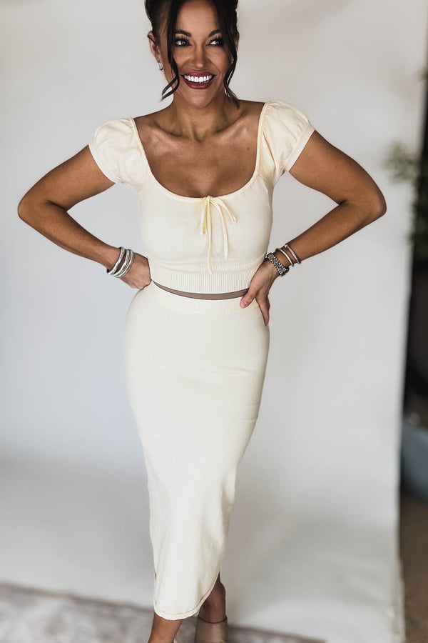 Cream Short Sleeve Sweater Top and Skirt Set