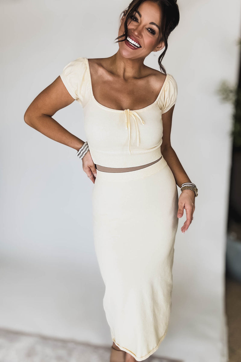 Cream Short Sleeve Sweater Top and Skirt Set
