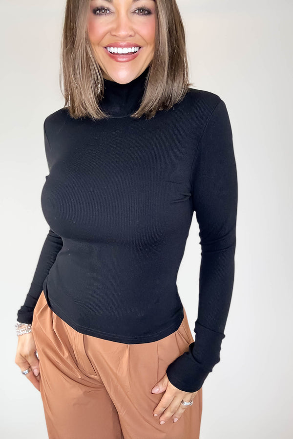 Micro Black Ribbed Long Sleeve Turtleneck Top