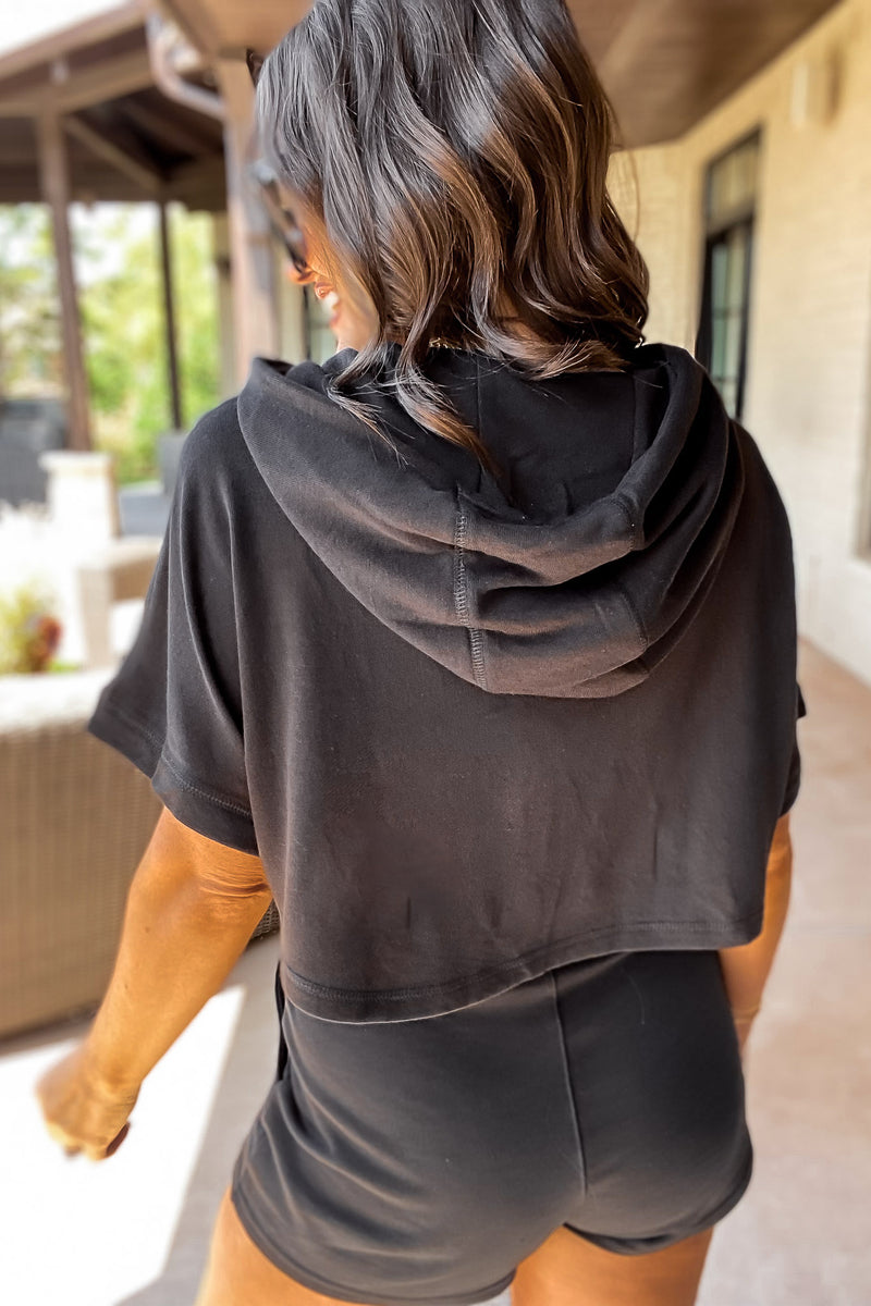 Faded Memories Black Cropped Short Sleeve Hoodie Pullover