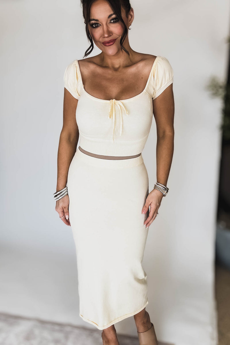 Cream Short Sleeve Sweater Top and Skirt Set