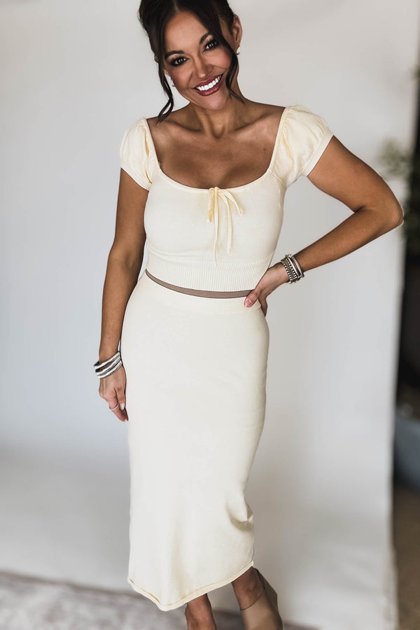 Cream Short Sleeve Sweater Top and Skirt Set