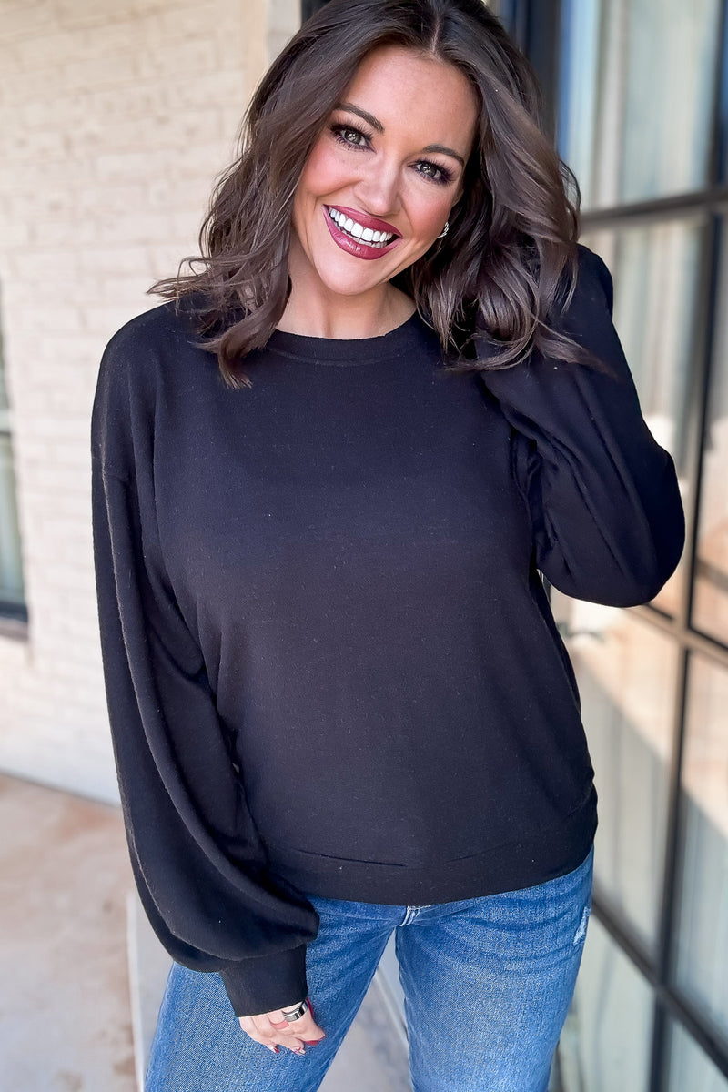 Round Neck Black Balloon Sleeve Sweatshirt