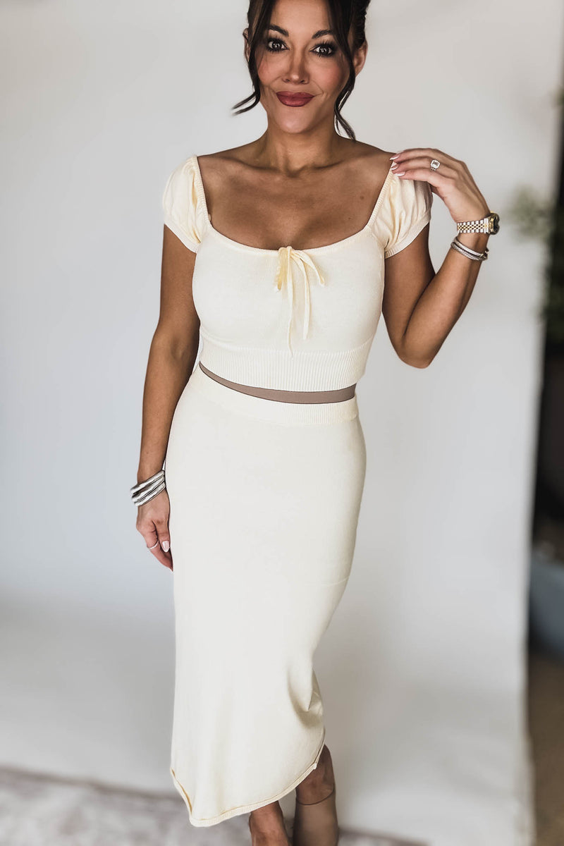 Cream Short Sleeve Sweater Top and Skirt Set