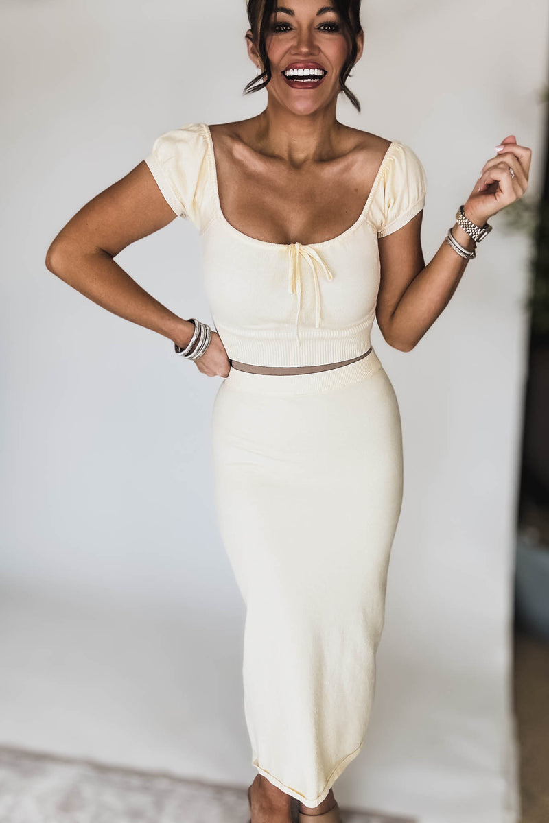 Cream Short Sleeve Sweater Top and Skirt Set