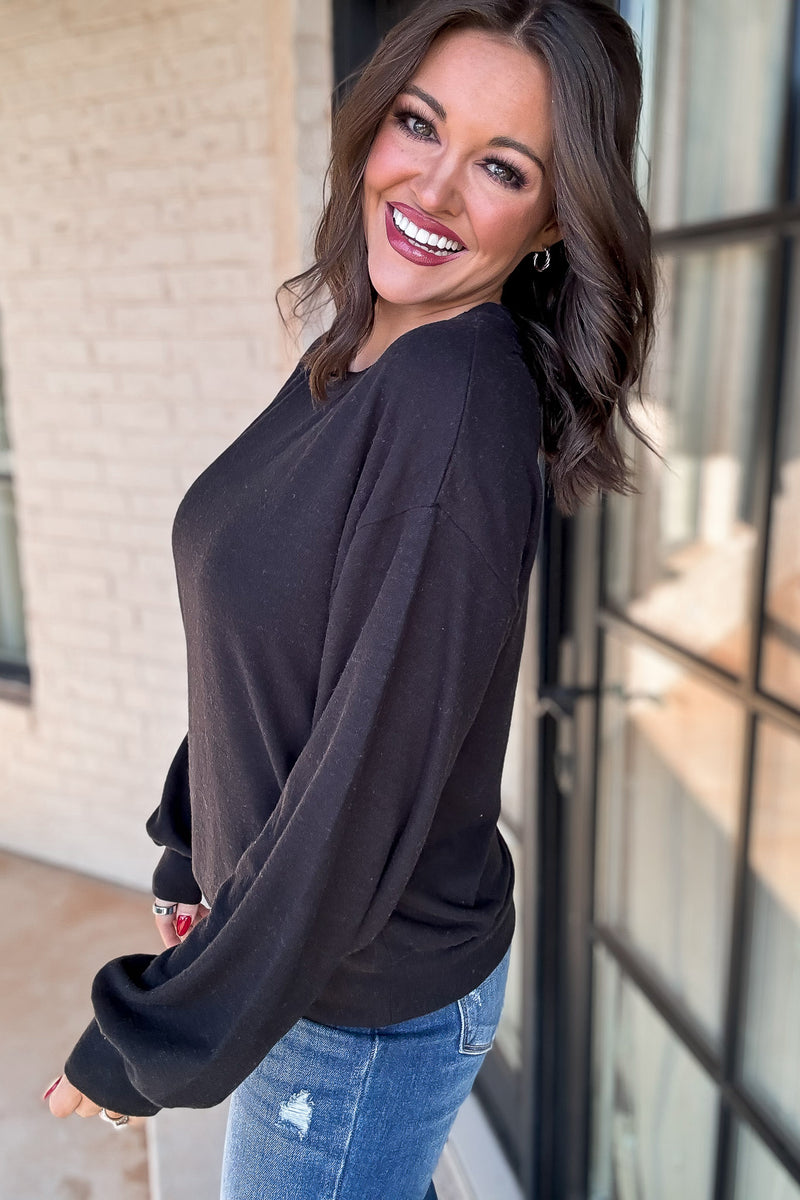 Round Neck Black Balloon Sleeve Sweatshirt