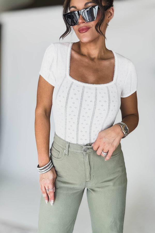 White Cap Sleeve Square Neck Pointelle Bodysuit
