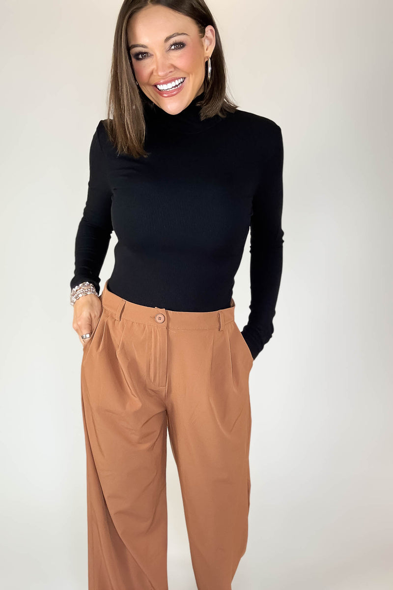 Camel High Waisted Wide Leg Pants With Front Pockets