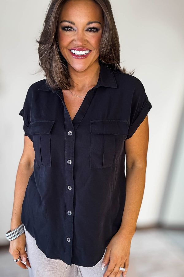 Tencel Black V-Neck Collared Top
