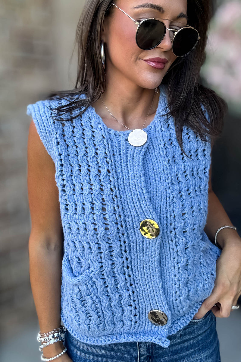 Mable Please And Thank You Periwinkle Chunky Openwork Knit Gold Button Down Vest