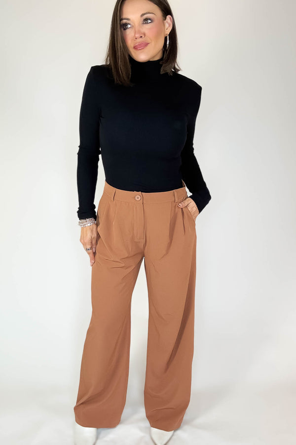 Camel High Waisted Wide Leg Pants With Front Pockets