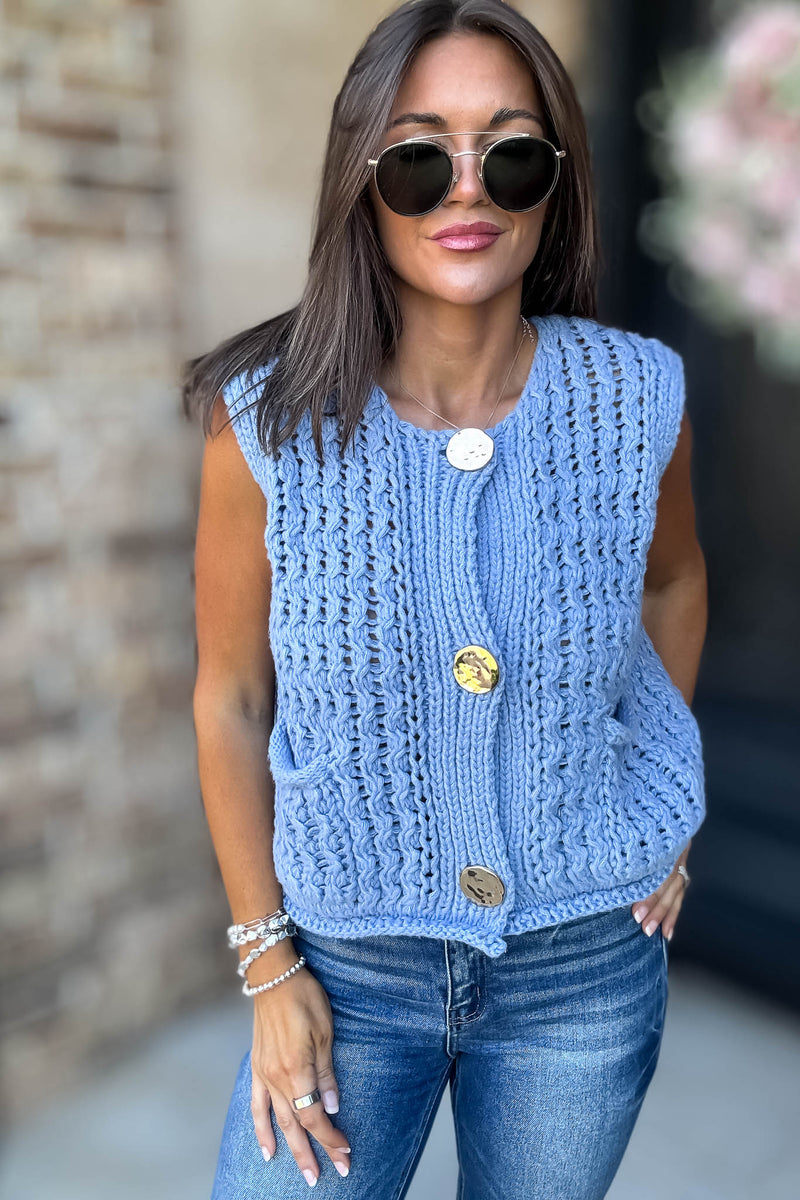Mable Please And Thank You Periwinkle Chunky Openwork Knit Gold Button Down Vest