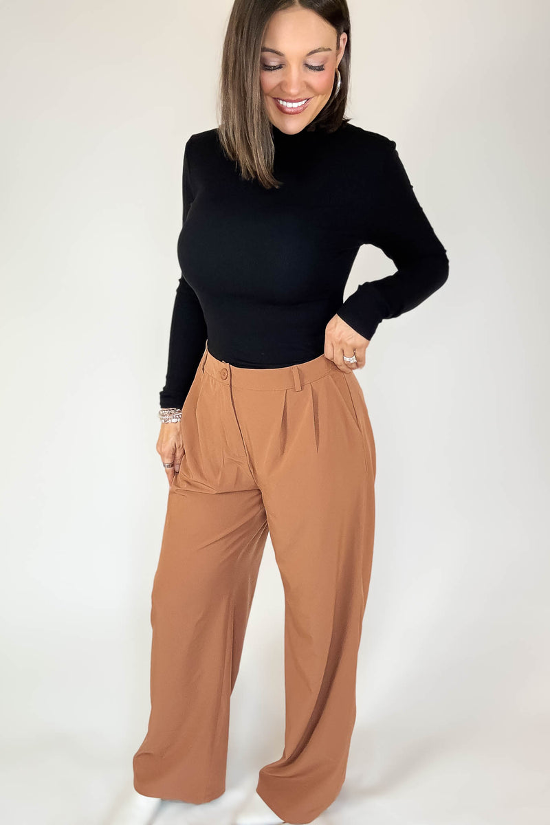 Camel High Waisted Wide Leg Pants With Front Pockets