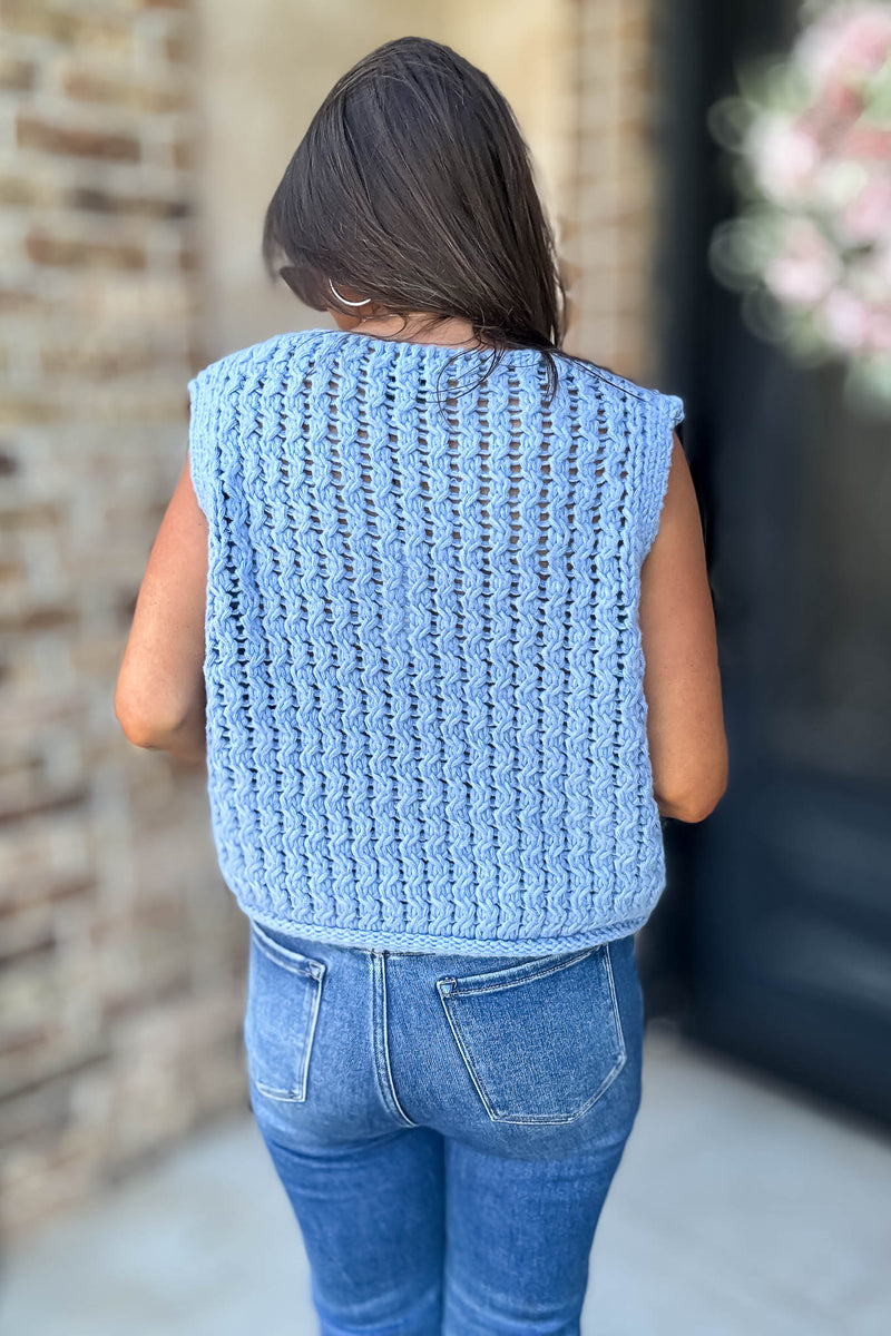 Mable Please And Thank You Periwinkle Chunky Openwork Knit Gold Button Down Vest