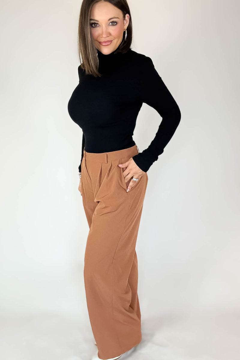 Camel High Waisted Wide Leg Pants With Front Pockets