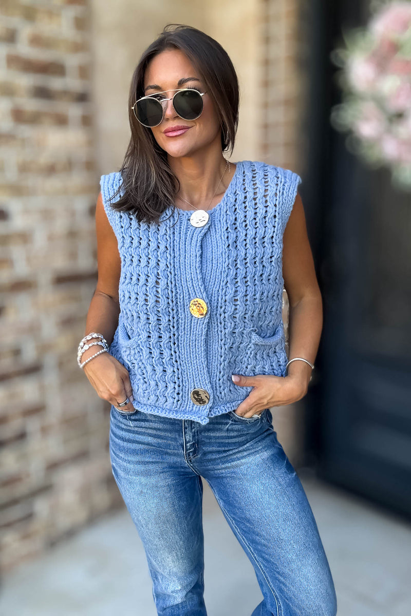 Mable Please And Thank You Periwinkle Chunky Openwork Knit Gold Button Down Vest