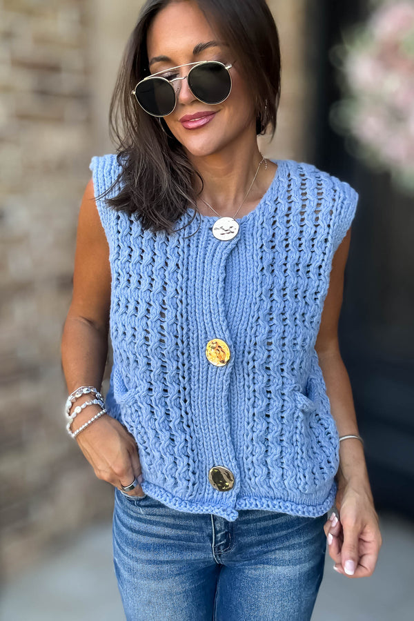 Mable Please And Thank You Periwinkle Chunky Openwork Knit Gold Button Down Vest